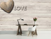 Флизелиновые фотообои на кухне 254x184 см Каменное сердце и надпись Любовь на светлых деревянных досках 3474V4+клей