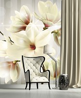 Светлые флизелиновые фотообои 3д Цветы 184x254 см Большие белые магнолии на светло-сером фоне (3478V4A)+клей