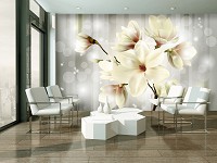 Готовые флизелиновые фотообои 3д Цветы 416x254 см Большие белые магнолии на светло-сером фоне (3478VEXXXL)+клей