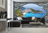 3д Море Природа флізелінові фотошпалери Отвір у кам'яній стіні 368x254 см Лазурна затока (3483V8)+клей