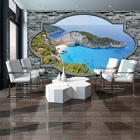 Красивые флизелиновые фотообои с природой 3д Море Проем в каменной стене 254x184 см Лазурный залив (3483V4)+клей