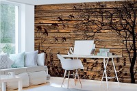 Красивые коричневые флизелиновые фотообои природа 312x219 см Черное дерево цветы и птички на досках 3487VEXXL+клей