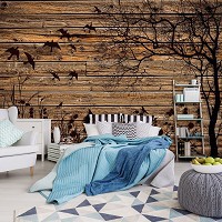 Флизелиновые коричневые фотообои на стену 416x254 см Черное дерево цветы и птички на досках (3487VEXXXL)+клей