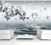 Флизелиновые фотообои 3д светло-серые на стену 416x254 см Сердце из воды и цветы орхидеи (3494VEXXXL)+клей