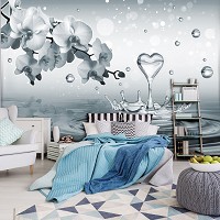 Красивые флизелиновые фотообои 3д светло-серые 312x219 см Сердце из воды и цветы орхидеи (3494VEXXL)+клей