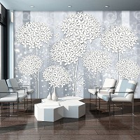 Флизелин - узоры фото обои 368x254 см Белые пушистые цветы на сером фоне (3501V8)+клей