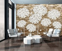 3д флизелиновые коричневые фотообои 312x219 см Пушистые белые цветы на каменной стене (3503VEXXL)+клей