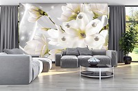 Флизелиновые фотообои 3д большие белые цветы и жемчужины 254x184 см Воздушные лепестки магнолии (3507V4)+клей