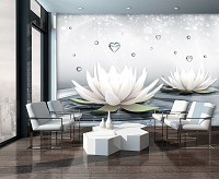 Флизелиновые фотообои 3д большие цветы на светло-сером фоне 368x254 см Две белые лилии на воде (3509V8)+клей