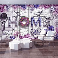 Флизелиновые фотообои 3д цветы на белом фоне 254x184 см Надпись ДОМ сердечки и сирень (3514V4)+клей