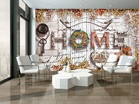 Флизелиновые фотообои 3д цветы на белом фоне 368x254 см Надпись ДОМ сердечки и коричневая сирень (3515V8)+клей