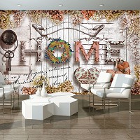 3д флизелиновые фотообои цветы на белом фоне 254x184 см Надпись ДОМ сердечки и коричневая сирень (3515V4)+клей