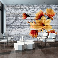 Моющиеся флизелиновые фотообои Магнолии на сером фоне 254x184 см Оранжевые цветы на деревянных досках (3521V4)+клей