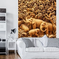 Флизелиновые коричневые фотообои 3д животные 184x254 см Слоны в джунглях имитация резьбы по дереву (3527V4A)+клей
