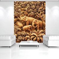 Флизелиновые 3д фотообои в спальню над кроватью 206x275 см Слоны в джунглях имитация резьбы по дереву 3527VEA+клей