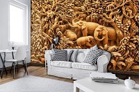 Флизелиновые фотообои 3д коричневый барельеф 254x184 см Слоны в джунглях имитация резьбы по дереву (3527V4)+клей