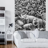 3д флизелиновые серые фотообои животные на стену 206x275 см Слоны в джунглях имитация резьбы по камню 3528VEA+клей