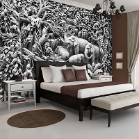 Флизелиновые серые 3д фотообои с животными в интерьере 416x290 см Слоны в джунглях имитация резьбы по камню+клей