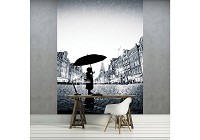 Флизелиновые фотообои для кухни черно-белый город 184x254 см Ребенок с зонтиком на улице (3537V4A)+клей