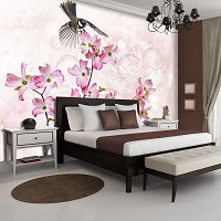 Флизелиновые фотообои в спальню птицы 254x184 см Синица на цветке на светлом фоне (3544V4)+клей