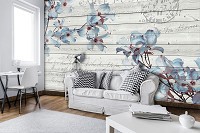 Флизелиновые фотообои на кухню цветы 312x219 см Синий клематис на светлых деревянных досках (3545VEXXL)+клей