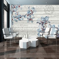 Флизелиновые фотообои под дерево цветы 416x254 см Синий клематис на светлых досках (3545VEXXXL)+клей