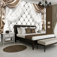 Флизелиновые современные фотообои на стену 312x219 см Бежевые шторы и белый стеганый узор (3559VEXXL)+клей