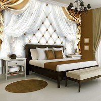 Современные флизелиновые фотообои на стену 254x184 см Золотые шторы белые занавески и стеганый узор (3561V4)+клей