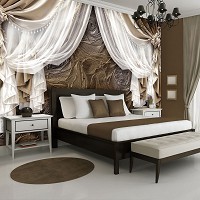 Современные флизелиновые фотообои на стену 312x219 см Коричневые шторы и розы  (3564VEXXL)+клей