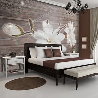 Флизелиновые фотообои деревянные доски 368x254 см Цветок белой лилии на коричневом фоне (3569V8)+клей