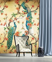 Природа флизелиновые фотообои птицы 312x219 см Павлины в цветах в сепии (3584VEXXL)+клей