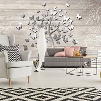 Флизелиновые 3д фотообои под доски 368x254 см Серое дерево из бабочек (3594V8)+клей