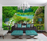 3д природа ландшафт пейзаж флизелиновые фотообои 368x280 см Водопад в окружении зеленого леса (3601V10)+клей