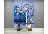 Флизелиновые фотообои в коридор цветы 184x254 см Белые одуванчики и бабочки на синем фоне (3636V4A)+клей