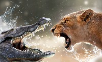 Флизелиновые фотообои 3д животные дикие кошки и крокодил 254x184 см Аллигатор и львица (3643V4)+клей
