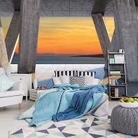 Закат флизелиновые фотообои 368x254 см Море за 3D бетонными колоннами (3645V8)+клей