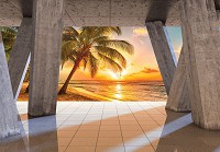 Флизелиновые фотообои Океан Пальмы 416x254 см Солнечный пляж за 3D бетонными колоннами (3646VEXXXL)+клей