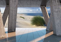 Флизелиновые фотообои в интерьере Природа Ландшафт 254x184 см Песчаный пляж за 3D бетонными колоннами (3653V4)+клей