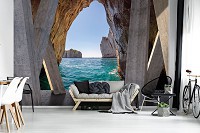 Флизелиновые фотообои в гостиную Ландшафт Море 416x290 см Океан и скалы за 3D бетонными колоннами 3660VEXXXXL+клей