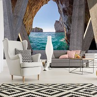 Флизелиновые фотообои Ландшафт Природа Море 254x184 см Океан и скалы за 3D бетонными колоннами (3660V4)+клей