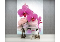 Флизелиновые фотообои 3д цветы на бело-голубом фоне 184x254 см Розовые орхидеи на камнях (3666V4A)+клей