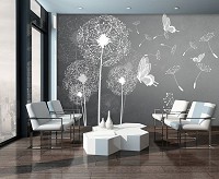 Флизелиновые фотообои цветы 416x290 см Одуванчики и бабочки на сером фоне (3712VEXXXXL) +клей