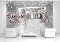 Флизелиновые 3д фото обои цветы и шары 416x254 см Серые стены и ветки вишни (3360VEXXXL)+клей