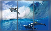 Флизелиновые фотообои Море 3д синие 416х254 см Дельфины на волнах за большим окном (496VEXXXL)+клей