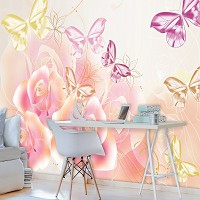 Цветы флизелиновые фотообои в интерьере гостиной 254x184 см Розы и бабочки на светлом фоне (543V4)+клей