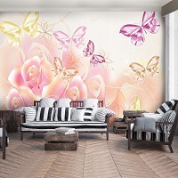Флізелінові фотошпалери в зал фото квіти 368x254 см Троянди та метелики на світлому фоні (543V8)+клей