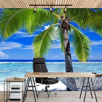 Природа флізелінові фотошпалери Море Тропіки 254x184 см 3D Пляж з пальмою та гамаком (578V4)+клей - вид 6 мініатюра
