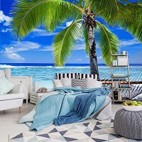 Флизелиновые фотообои в прихожую Море Тропики 312x219 см 3D Пляж с пальмой и гамаком (578VEXXL)+клей