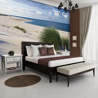 Красивые флизелиновые фотообои природа 3д Пляж Берег моря 368x254 см Зеленый куст на песке (655V8)+клей