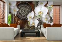 Популярные флизелиновые фотообои 3д цветы 254x184 см Красивый узор с мандалой и белыми орхидеями (3091V4)+клей
